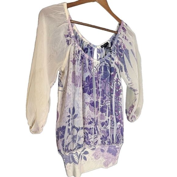 Vintage Fang Women's Blouse Ivory ‎ And Purple Short Sleeve Sheer M Y2K Fairy - Picture 1 of 6